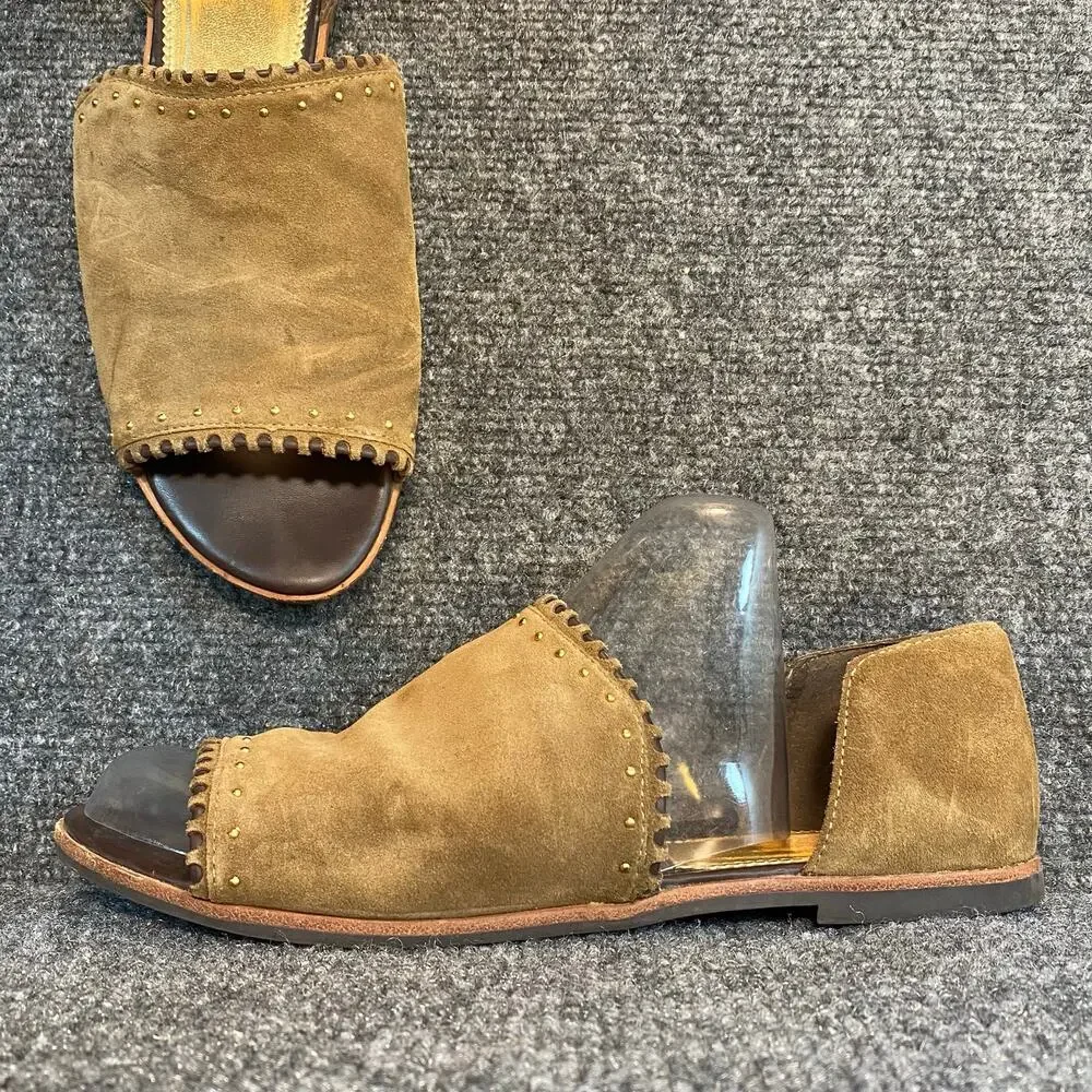 Franco Sarto Womens 8.5 Azmond Brown Suede Stud Slip On Flats Sandals Open Toe
